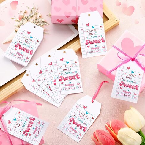 100 Pcs Valentine Tags Tie on Valentine's Day Gift Tags with Pink Satin Ribbon A Little Treat for Someone Sweet Tags Happy Valentine's Day Paper Gift Tags for Present Holiday Favors Wrapping Supplies in Saudi Arabia