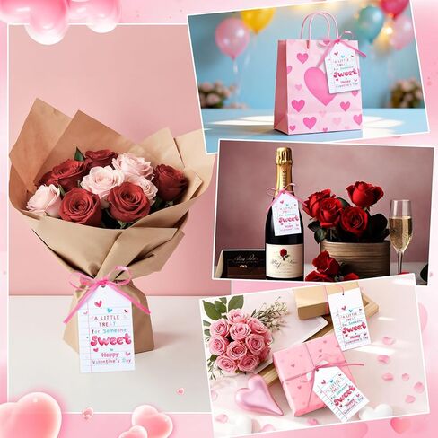 100 Pcs Valentine Tags Tie on Valentine's Day Gift Tags with Pink Satin Ribbon A Little Treat for Someone Sweet Tags Happy Valentine's Day Paper Gift Tags for Present Holiday Favors Wrapping Supplies in Saudi Arabia