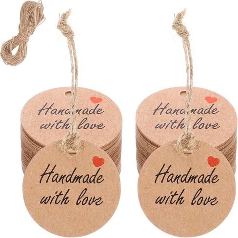 Dplolng 100 Pcs Handmade with Love Tags,1.2"Round Brown Paper Hanging Tag with String Handmade Tags for Hand Made Items Custom Made Gifts DIY Crafts Candle Tins Wedding Birthday Party Favors in Kuwait