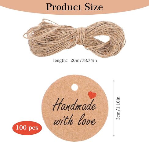 Dplolng 100 Pcs Handmade with Love Tags,1.2"Round Brown Paper Hanging Tag with String Handmade Tags for Hand Made Items Custom Made Gifts DIY Crafts Candle Tins Wedding Birthday Party Favors in Kuwait