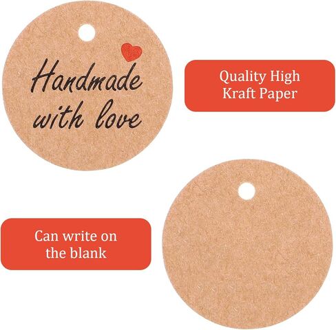 Dplolng 100 Pcs Handmade with Love Tags,1.2"Round Brown Paper Hanging Tag with String Handmade Tags for Hand Made Items Custom Made Gifts DIY Crafts Candle Tins Wedding Birthday Party Favors in Kuwait