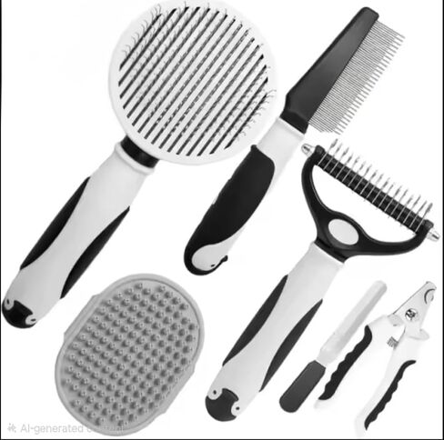 مجموعة أدوات العناية بالكلاب في المنزل، مجموعة أدوات العناية بالحيوانات الأليفة 6 في 1 مع فرشاة ناعمة وأداة إزالة الوبر ومشط من الفولاذ المقاوم للصدأ ومقص أظافر للكلاب ومبرد أظافر وقفاز لتدليك الحمام in Kuwait