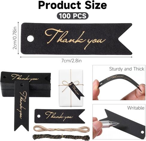 100 Pcs Metallic Gold Thank You Tags Thank You Tags with String Foil Personalized Label Black with Gold Foil Gift Wrapping Hangtags for Christmas Arts Crafts Thanksgiving in Saudi Arabia