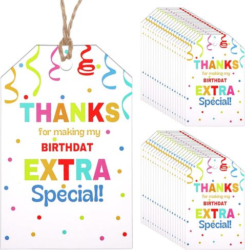 Thank You Tags for Birthday Party Favor, 100 PCS Thanks for Making My Birthday Extra Special, Birthdays Party Favor Tag Colorful Gift Tags with Jute String for Favors Treat Gift Wrapping in Saudi Arabia