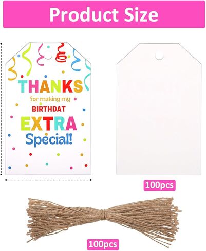 Thank You Tags for Birthday Party Favor, 100 PCS Thanks for Making My Birthday Extra Special, Birthdays Party Favor Tag Colorful Gift Tags with Jute String for Favors Treat Gift Wrapping in Saudi Arabia