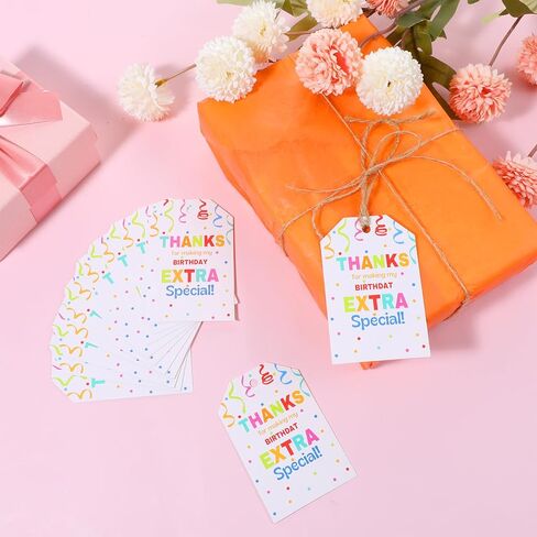 Thank You Tags for Birthday Party Favor, 100 PCS Thanks for Making My Birthday Extra Special, Birthdays Party Favor Tag Colorful Gift Tags with Jute String for Favors Treat Gift Wrapping in Saudi Arabia