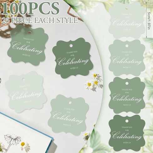 100 Pcs Sage Green Thank You Gift Tags with String, 2x2 Scalloped Paper Gift Tags Hanging Label Tag for Wedding, Baby Shower, Birthday, Holiday Party Favors in Saudi Arabia