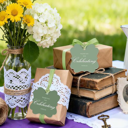 100 Pcs Sage Green Thank You Gift Tags with String, 2x2 Scalloped Paper Gift Tags Hanging Label Tag for Wedding, Baby Shower, Birthday, Holiday Party Favors in Saudi Arabia