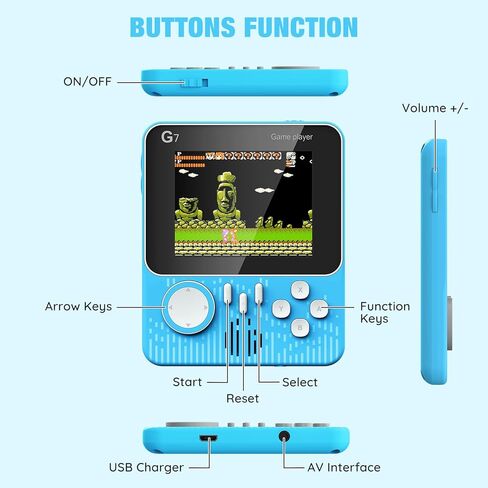 G7 Retro Handheld Game Console, Portable Gaming Device with USB Cable, Blue Color, Classic Arcade Style Display, Built-in Games in Saudi Arabia