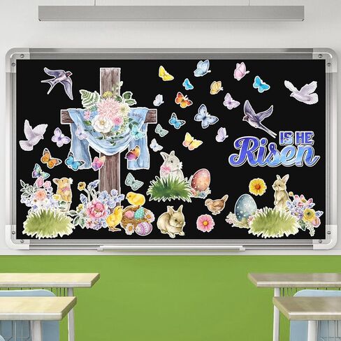 Easter Bulletin Board Decorations He Is Risen Cross Classroom Decoration Christian Religious Bulletin Board Set Easter Floral Bunny Cutouts for Spring Party School Home Church Wall Door in Saudi Arabia