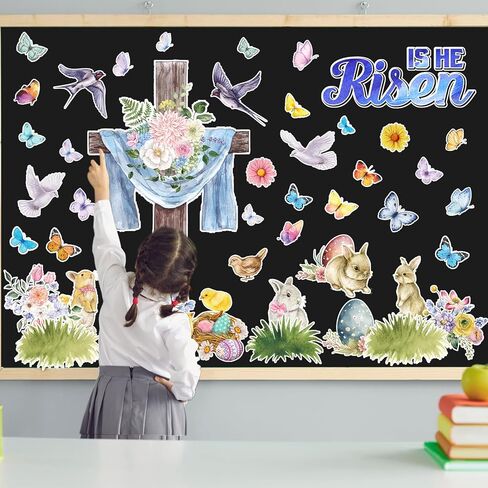 Easter Bulletin Board Decorations He Is Risen Cross Classroom Decoration Christian Religious Bulletin Board Set Easter Floral Bunny Cutouts for Spring Party School Home Church Wall Door in Saudi Arabia