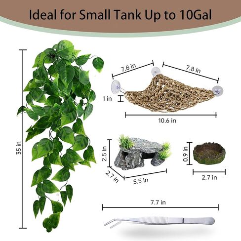 5-in-1 Leopard Gecko Tank Starter Kit, Hide Cave, Seagrass Hammock, Climbing Vine, Tweezers & Dish - 10-20 Gal | Fits Leopard/Crested Geckos, Harmit Crabs, Juvenile Tortoises (Tank Not Included) in Saudi Arabia