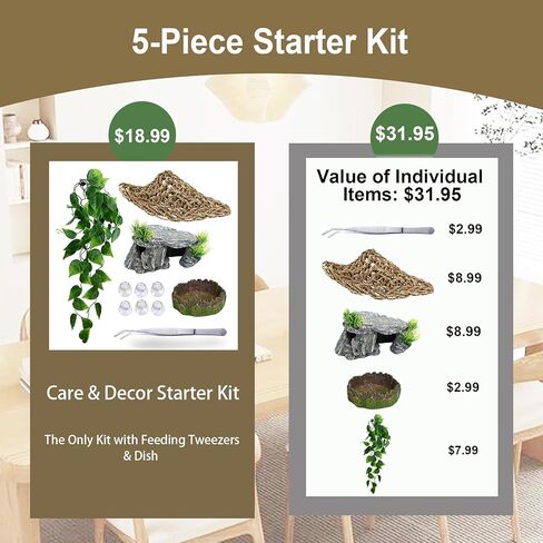 5-in-1 Leopard Gecko Tank Starter Kit, Hide Cave, Seagrass Hammock, Climbing Vine, Tweezers & Dish - 10-20 Gal | Fits Leopard/Crested Geckos, Harmit Crabs, Juvenile Tortoises (Tank Not Included) in Saudi Arabia