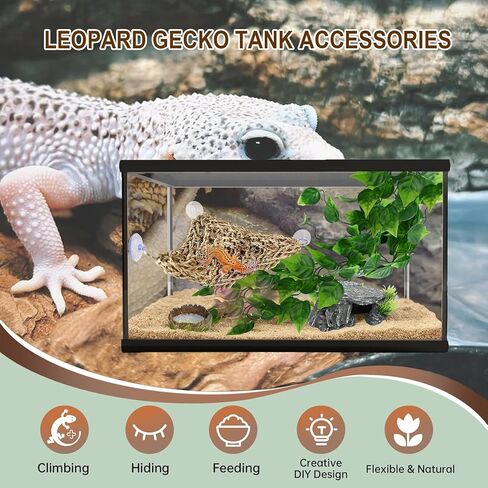5-in-1 Leopard Gecko Tank Starter Kit, Hide Cave, Seagrass Hammock, Climbing Vine, Tweezers & Dish - 10-20 Gal | Fits Leopard/Crested Geckos, Harmit Crabs, Juvenile Tortoises (Tank Not Included) in Saudi Arabia