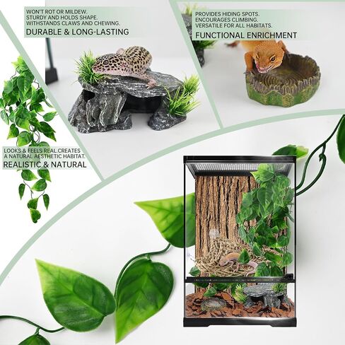 5-in-1 Leopard Gecko Tank Starter Kit, Hide Cave, Seagrass Hammock, Climbing Vine, Tweezers & Dish - 10-20 Gal | Fits Leopard/Crested Geckos, Harmit Crabs, Juvenile Tortoises (Tank Not Included) in Saudi Arabia
