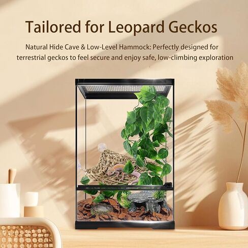5-in-1 Leopard Gecko Tank Starter Kit, Hide Cave, Seagrass Hammock, Climbing Vine, Tweezers & Dish - 10-20 Gal | Fits Leopard/Crested Geckos, Harmit Crabs, Juvenile Tortoises (Tank Not Included) in Saudi Arabia