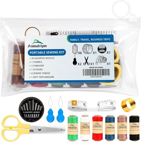 Asimatripm Professional Travel Sewing Kit for Adults – Portable Needle and Thread Kit with 6 Colors (200M Each), 30 Needles, Thimble, Scissors, Threader & Storage Bag in Saudi Arabia