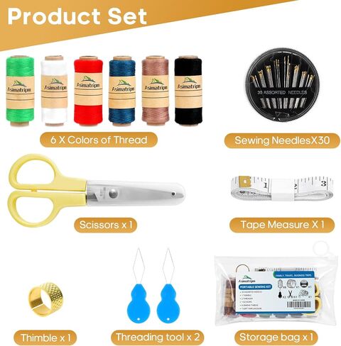 Asimatripm Professional Travel Sewing Kit for Adults – Portable Needle and Thread Kit with 6 Colors (200M Each), 30 Needles, Thimble, Scissors, Threader & Storage Bag in Saudi Arabia