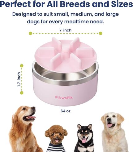 وعاء تغذية بطيء من الفولاذ المقاوم للصدأ 64oz 18/8 من PawsPik، وعاء معدني للكلب مزدوج الجدار غير قابل للانزلاق للأكل السريع للسلالات المتوسطة والكبيرة، ملحق تغذية بطيء قابل للفصل، آمن للاستخدام في غسالة الأطباق (زهر الكرز الوردي) in Kuwait