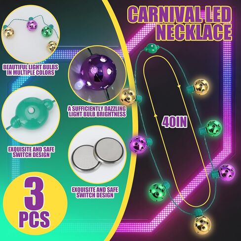 Estune 3 Pcs 40 Inch Mardi Gras Light up Necklace Jumbo LED Mardi Gras Beads Necklace Large Globe Bulbs Strand Big Jewelry Party Accossories for Women Men, 3 Light Modes, Battery Operated in Saudi Arabia