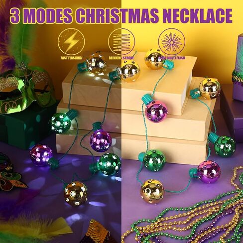Estune 3 Pcs 40 Inch Mardi Gras Light up Necklace Jumbo LED Mardi Gras Beads Necklace Large Globe Bulbs Strand Big Jewelry Party Accossories for Women Men, 3 Light Modes, Battery Operated in Saudi Arabia