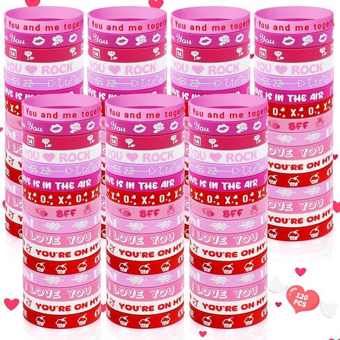 120 PCS Valentine Bracelets Rubber Bulk Valentine's Day Heart Silicone Wristband Valentines Day Accessories for Valentines Day Gifts Exchange Wedding Party Favors Decoration (120) in Kuwait