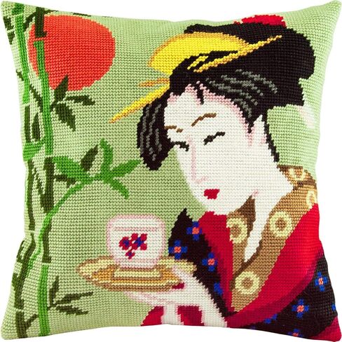 Brvsk Oriental Stamped Cross-Stitch Kit for Adults and Beginners — Naniwaya Okita by Kitagawa Utamaro 16″ × 16″ with Clear, Precise Printed Design on Cotton Canvas; Includes Needles and Yarn in Saudi Arabia