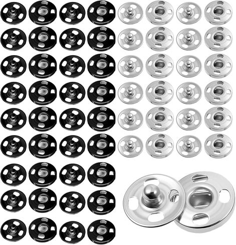 TIESOME 100 Sets Sew On Snap Buttons, 10mm Sew-On Snap Fastener Buttons for Clothing, 50 Black + 50 Silvery Press Snaps, Durable Metal Closure for Jackets, Shirts, Baby Clothes in Kuwait