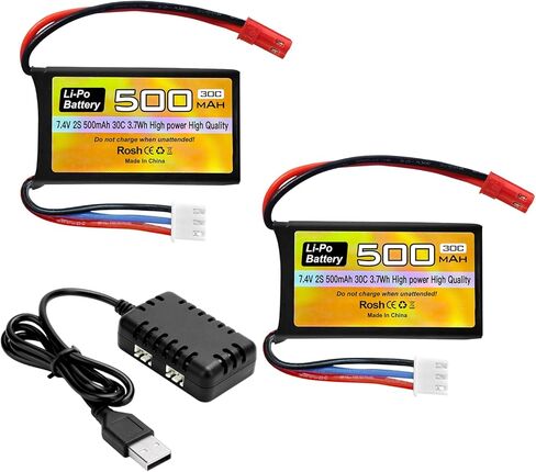Fytoo 2PCS 7.4V 500mAh 30C بطارية ليبو مع قابس JST-2P مع شاحن 2 في 1 لطائرة هليكوبتر RC كوادكوبتر طائرة صغيرة مايكرو FPV سباق بدون طيار RC سيارة، شاحنة، بطارية مركبة عالية السرعة in Kuwait