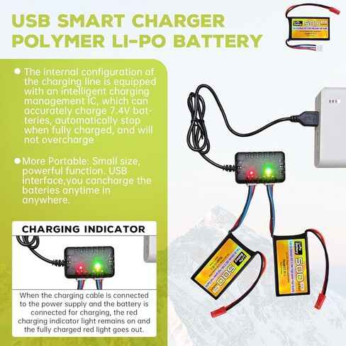 Fytoo 2PCS 7.4V 500mAh 30C بطارية ليبو مع قابس JST-2P مع شاحن 2 في 1 لطائرة هليكوبتر RC كوادكوبتر طائرة صغيرة مايكرو FPV سباق بدون طيار RC سيارة، شاحنة، بطارية مركبة عالية السرعة in Kuwait