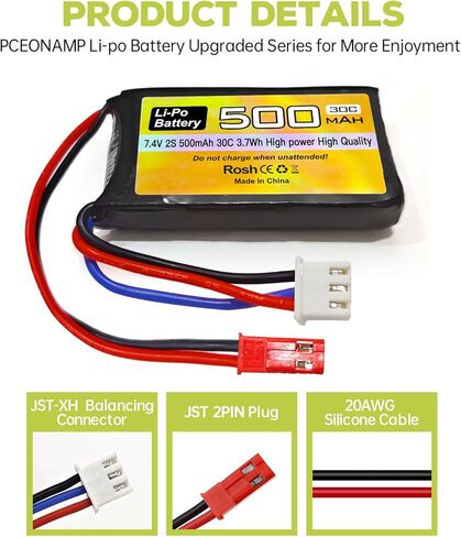 Fytoo 2PCS 7.4V 500mAh 30C بطارية ليبو مع قابس JST-2P مع شاحن 2 في 1 لطائرة هليكوبتر RC كوادكوبتر طائرة صغيرة مايكرو FPV سباق بدون طيار RC سيارة، شاحنة، بطارية مركبة عالية السرعة in Kuwait