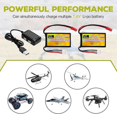 Fytoo 2PCS 7.4V 500mAh 30C بطارية ليبو مع قابس JST-2P مع شاحن 2 في 1 لطائرة هليكوبتر RC كوادكوبتر طائرة صغيرة مايكرو FPV سباق بدون طيار RC سيارة، شاحنة، بطارية مركبة عالية السرعة in Kuwait