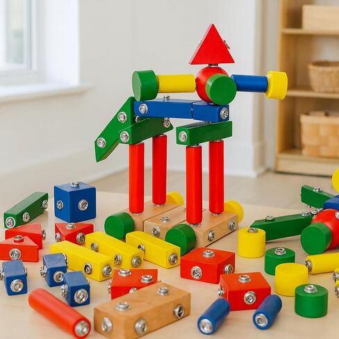 Constructive Playthings Children's Snap N Play Building Blocks for Toddlers 3-5 Years with Drawstring Bag for Block Storage, STEM Toys, Durable Hardwood Manipulatives, Multicolor, 65 pcs. in Saudi Arabia
