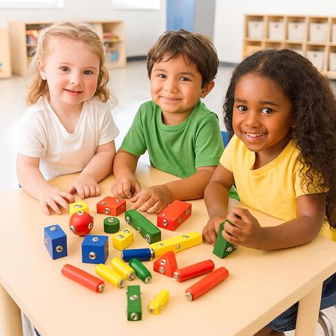 Constructive Playthings Children's Snap N Play Building Blocks for Toddlers 3-5 Years with Drawstring Bag for Block Storage, STEM Toys, Durable Hardwood Manipulatives, Multicolor, 65 pcs. in Saudi Arabia