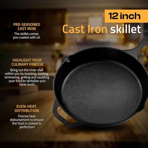 Utopia Kitchen Cast Iron Skillets 12 Inch, Chef's Pan, Pre-Seasoned Frying Pan, Stovetop, Oven, Campfire and Grill Large Skillet, Even Heat Distribution Multipurpose Cast Iron Pan - Black in Kuwait
