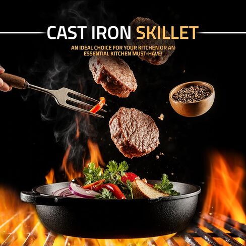 Utopia Kitchen Cast Iron Skillets 12 Inch, Chef's Pan, Pre-Seasoned Frying Pan, Stovetop, Oven, Campfire and Grill Large Skillet, Even Heat Distribution Multipurpose Cast Iron Pan - Black in Kuwait