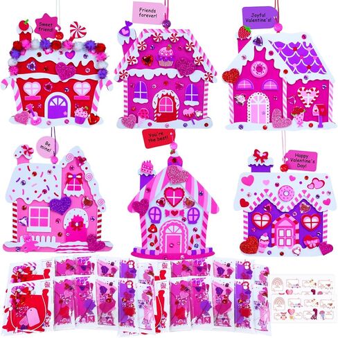 Winlyn 24 Sets Valentine's Day Heart House Ornaments Decorations DIY Valentine House Craft Kits Foam House with Heart Valentine Stickers for Kids School Classroom Activities Party Favors Gift Exchange in Saudi Arabia