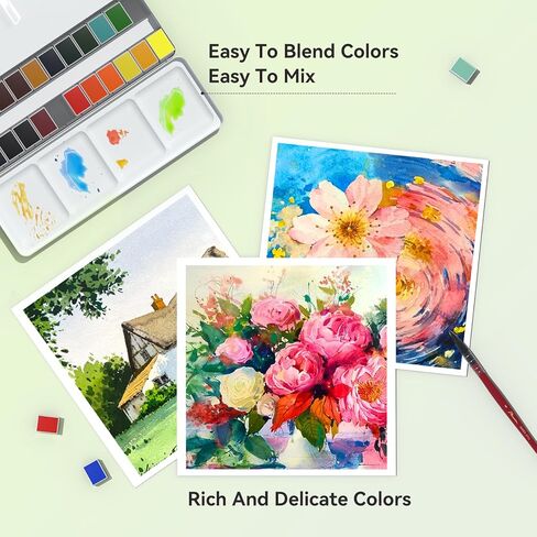 24 Colors Solid Watercolor Paint Set, Vibrant and Highly Pigmented Colors, Removable Pans and Built-in Palette, Portable Metal Case for Students, Beginners, and Outdoor Sketching in Saudi Arabia