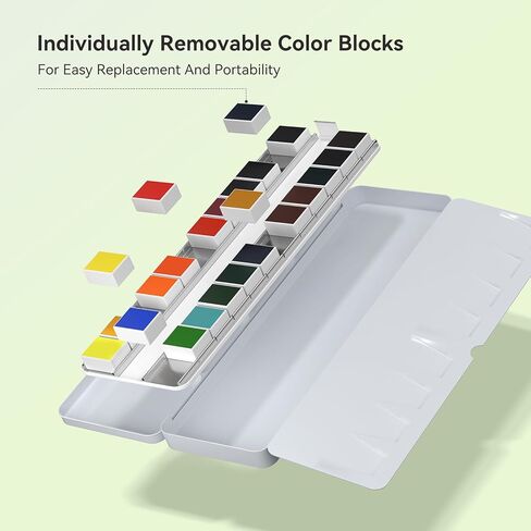 24 Colors Solid Watercolor Paint Set, Vibrant and Highly Pigmented Colors, Removable Pans and Built-in Palette, Portable Metal Case for Students, Beginners, and Outdoor Sketching in Saudi Arabia