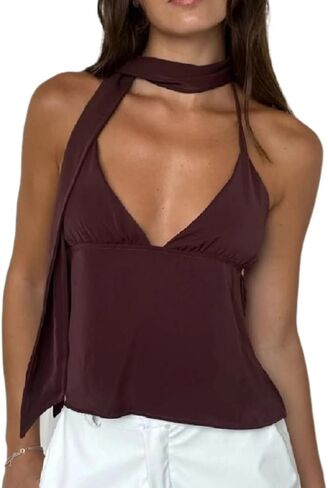 Women Polka Dot Halter Top Sexy V Neck Crop Cami Tops Backless Mesh Going Out Tank Top with Scarf Coquette Camisoles in Saudi Arabia