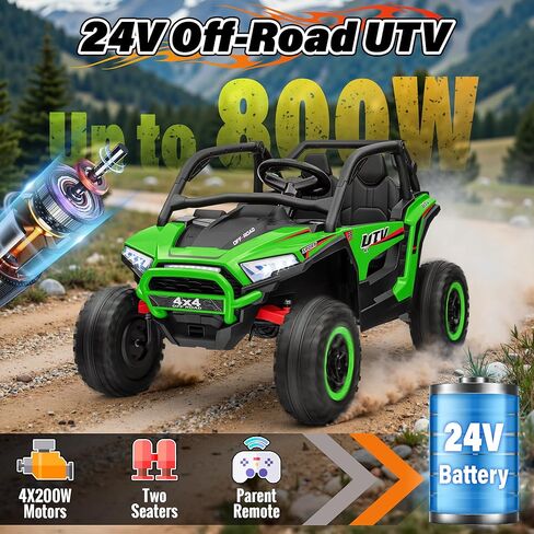 24V Ride on Car, 2 Seater XL Off-Road UTV w/4 RMP2000W Motors, Remote Control, Gift Flower, Bluetooth Music, LED Lights, 24 Volt Ride on Toys for Big Kids, Green in Saudi Arabia