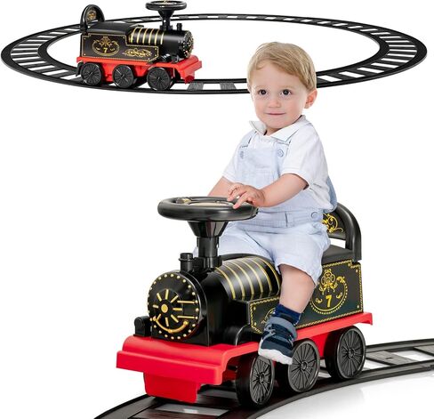 HONEY JOY Ride On Train, 6V Battery Powered Electric Toy for Kids, 16 PCS Tracks, Flashing Lights & Music, Storage Seat, Gift for Boys & Girls (Navy Blue) in Saudi Arabia