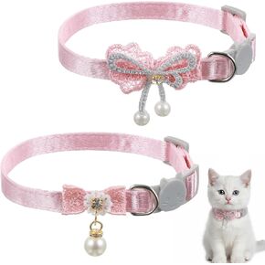 2 Pcs Cute Cat Collar, Pearl Pink Cat Collar, Adjustable Kitten Collars with Bow Tie, Elegant Cats Accessories for Girls Small Dogs and Cats(2 Styles) in Kuwait