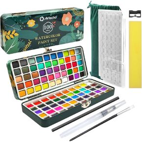 Artecho Watercolor Paint Set 50 Colors in Portable Box with Water Color Pallet, Watercolor Papers and Brushes, Ideal for Adults, Kids, Artists and Hobbyists in Kuwait