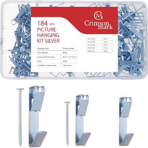 184 مجموعة تعليق للصور وخطافات حائط، سعة 20 رطلاً و30 رطلاً و50 رطلاً - شماعات حديدية متينة مع أظافر للصور، الحد الأدنى من تأثير الحائط (فضي) in Kuwait