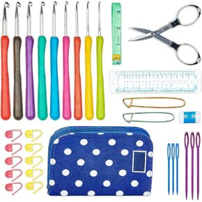 مجموعة خطافات ميلول كروشيه مكونة من 31 قطعة - طقم خيوط كروشيه مع 9 أحجام خطافات مريحة، 6 إبر غزل، لوازم حياكة وكروشيه إضافية وحقيبة حمل لصانعي الكروشيه in Kuwait