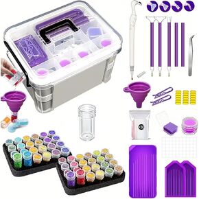 CXJINZE أدوات الطلاء الماسية ملحقات تخزين عدة 111 قطعة مجموعة 5D صندوق أدوات محمول مع مقبض مجوهرات حرفية تخزين الخرز صندوق وردي صواني فنية لملحقات وأدوات الرسم الماسي in Kuwait