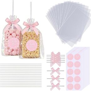 100 قطعة من أكياس حلوى رايس كريسبي الشفافة مع شريط فيونكة وملصقات شكرًا لك، وأكياس سيلوفان مسطحة لقوالب الكيك المغلفة بشكل فردي، وكعكات الكيك، والحلوى، والشوكولاتة، والخطمي، والماكارون، والبسكويت (فيونكة وردية) in Kuwait