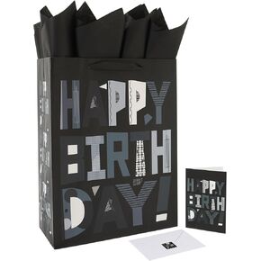 wishinside 16.5" Extra Large Black Happy Birthday Gift Bag Set with Handles, Greeting Card, Tissue Papers and Stickers for Men Boys Kids Teens, Cartoon Design, 1 Pcs in Kuwait
