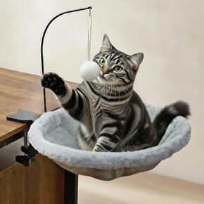 Cat Desk Bed with 2 Interchangeable Toys, Plush Clamp-On Cat Lounger for Desks & Tables, Non-Slip Space-Saving Pet Hammock for Home Office, Remote Workers & Gamers, Supports 40 lbs in Saudi Arabia